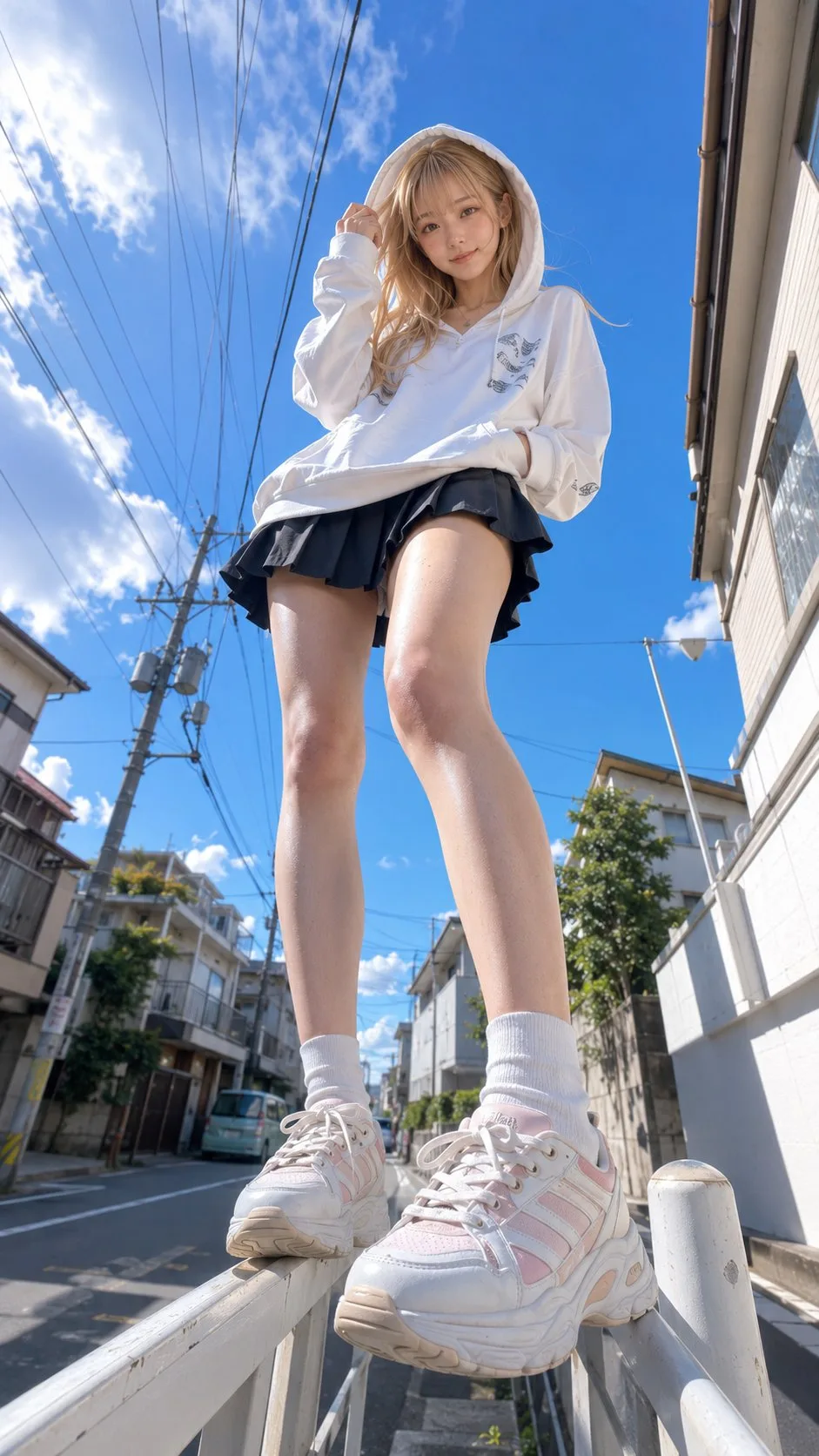 สาวญี่ปุ่นผมบลอนด์สตรีทแฟชั่นจากมุมเงย 1