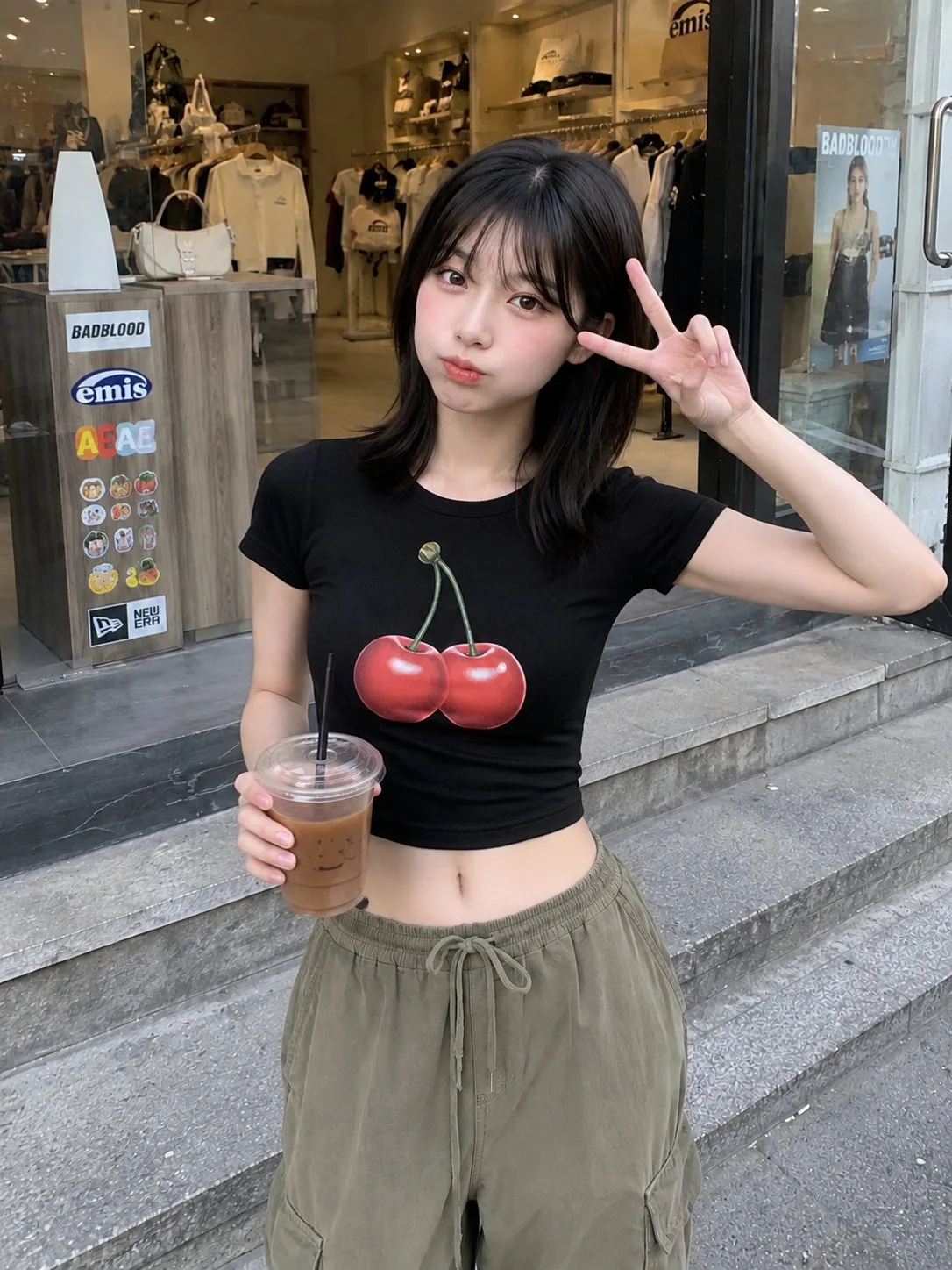 สาวญี่ปุ่นหน้าบูติกแฟชั่น ถ่ายด้วยมือถือ 1