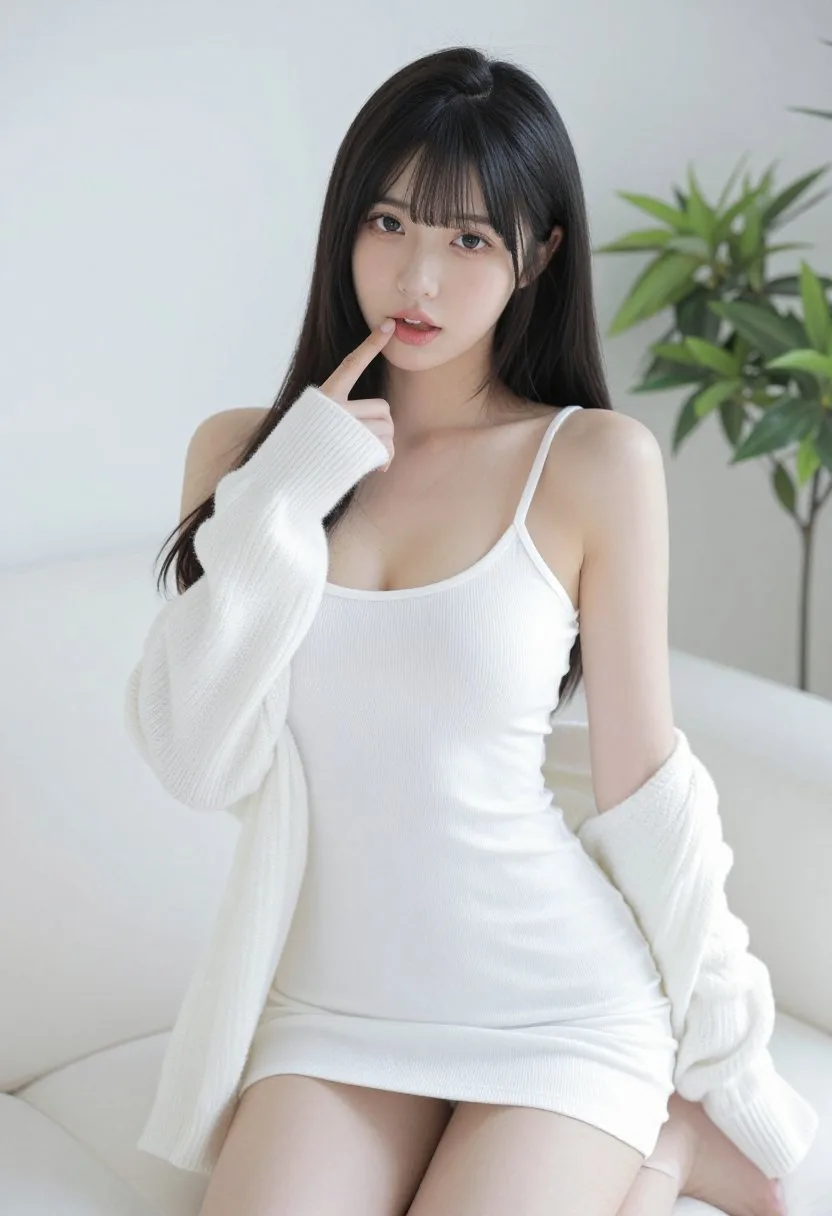 สาวญี่ปุ่นผมยาวในชุดเดรสสั้น นั่งบนโซฟาสีขาว 1