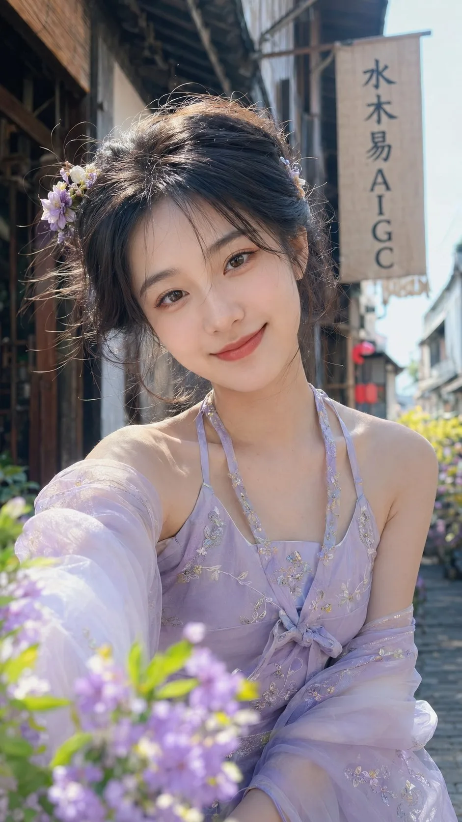 สาวหมวยฮั่นฟูม่วงอ่อน ถ่ายเซลฟี่เมืองโบราณเจียงหนาน 1