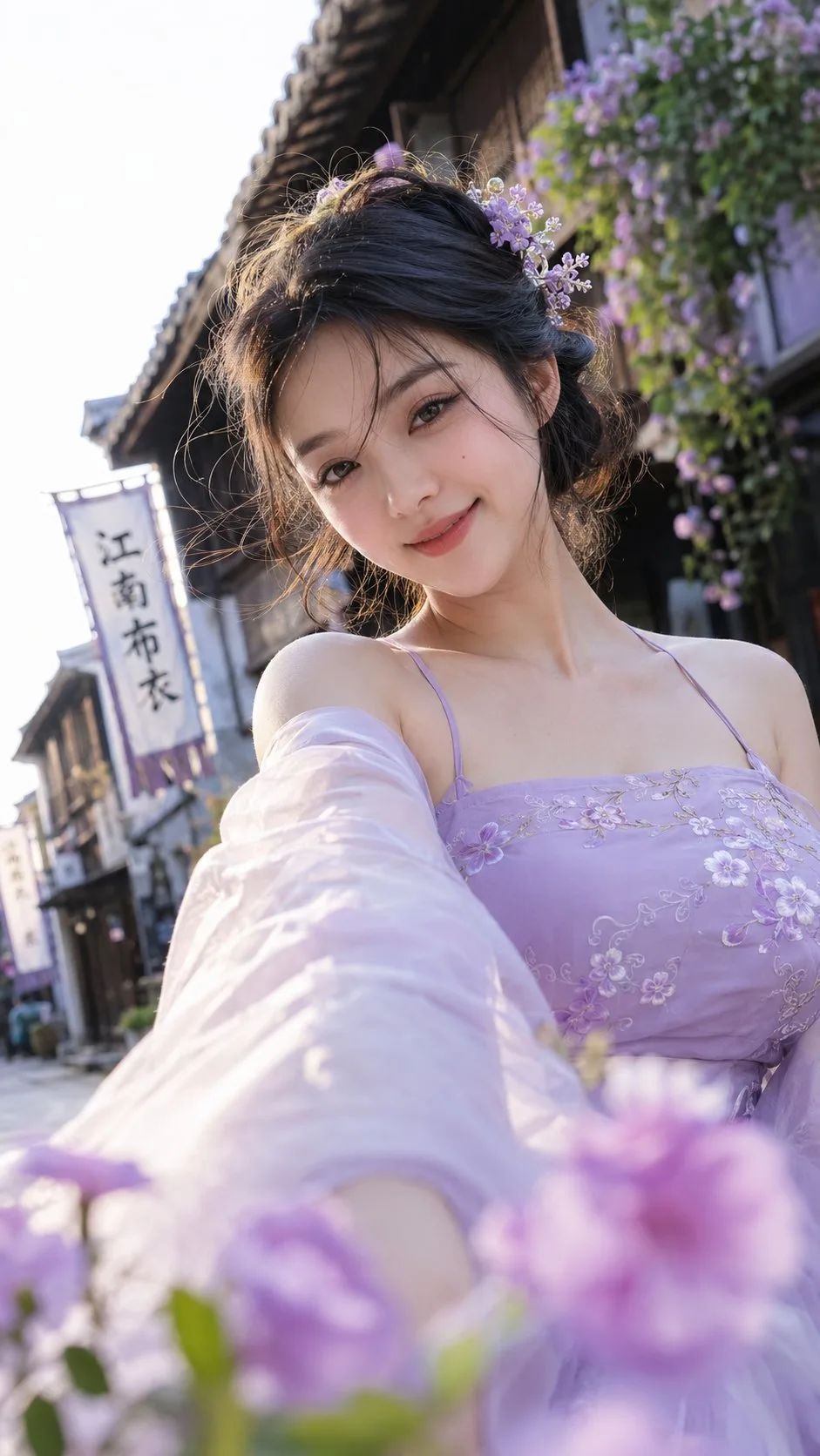 สาวหมวยฮั่นฟูม่วงอ่อน ถ่ายเซลฟี่เมืองโบราณเจียงหนาน 2