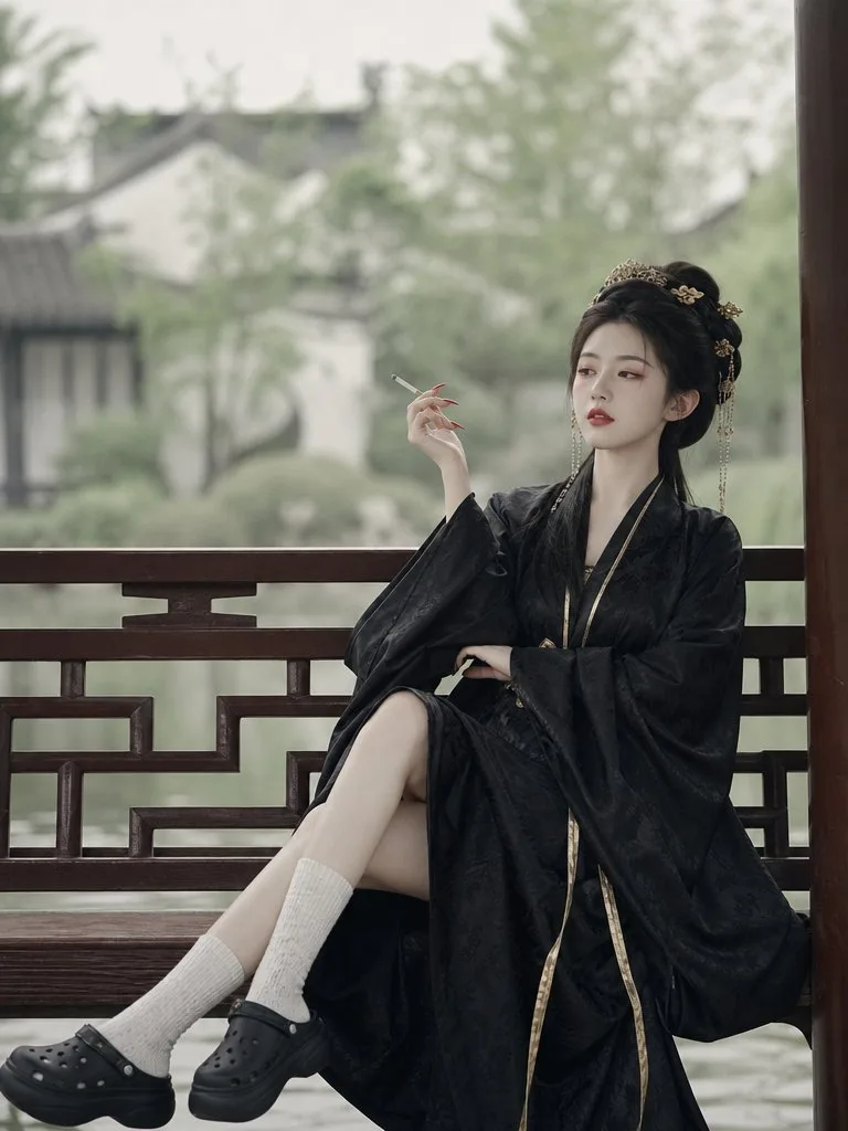 หญิงสาวชุดคลุมโบราณสีดำในสวนเจียงหนาน 1