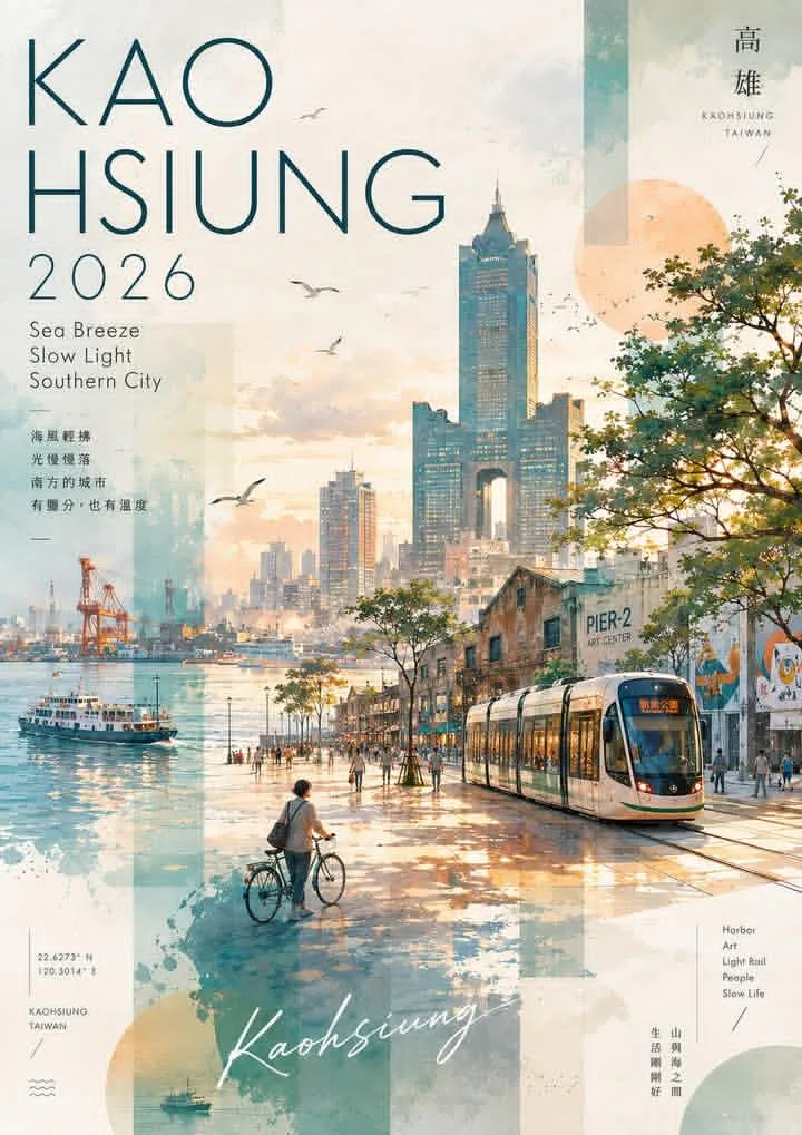 โปสเตอร์เที่ยวเกาสง ไต้หวัน: ภาพสีน้ำคอลลาจ 1