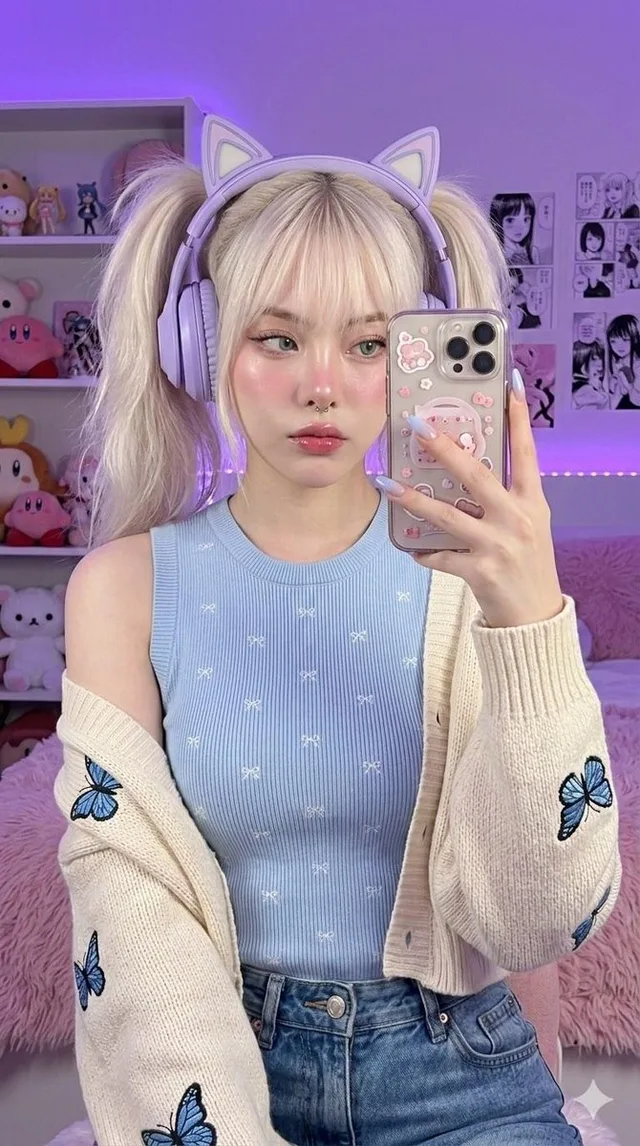สาวเกมเมอร์คาวาอี้เซลฟี่แสงสีม่วงสุดบรรเจิด