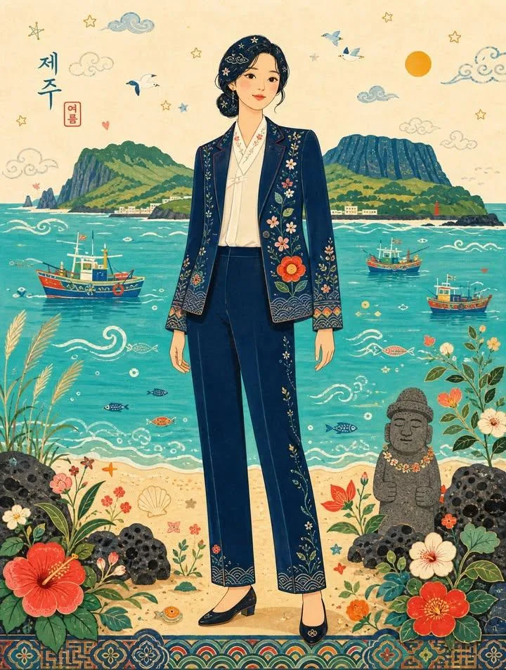 ภาพประกอบหญิงสาวริมทะเลสไตล์เกาหลีแบบพื้นบ้าน 2