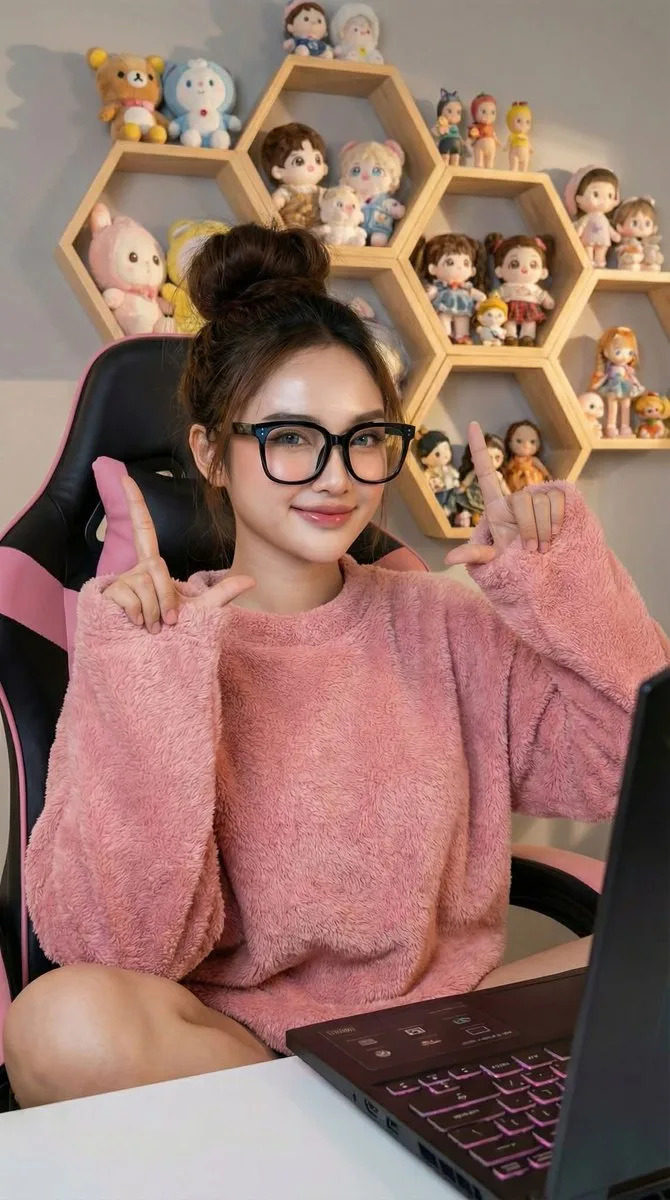 สาวเกาหลีแว่นโตบนเก้าอี้เกมมิ่ง สไตล์หวาน 1