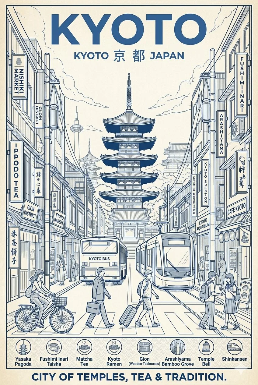 โปสเตอร์ท่องเที่ยวเกียวโต สไตล์สถาปัตยกรรมฟ้า-ขาว 1