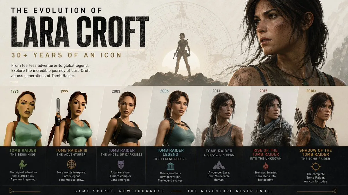 โปสเตอร์วิวัฒนาการ Lara Croft: จากอดีตสู่ปัจจุบัน 1