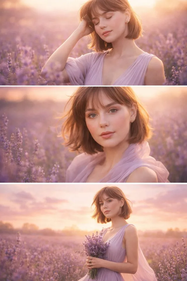 สามภาพฝันสาวในทุ่งลาเวนเดอร์ยามเช้า