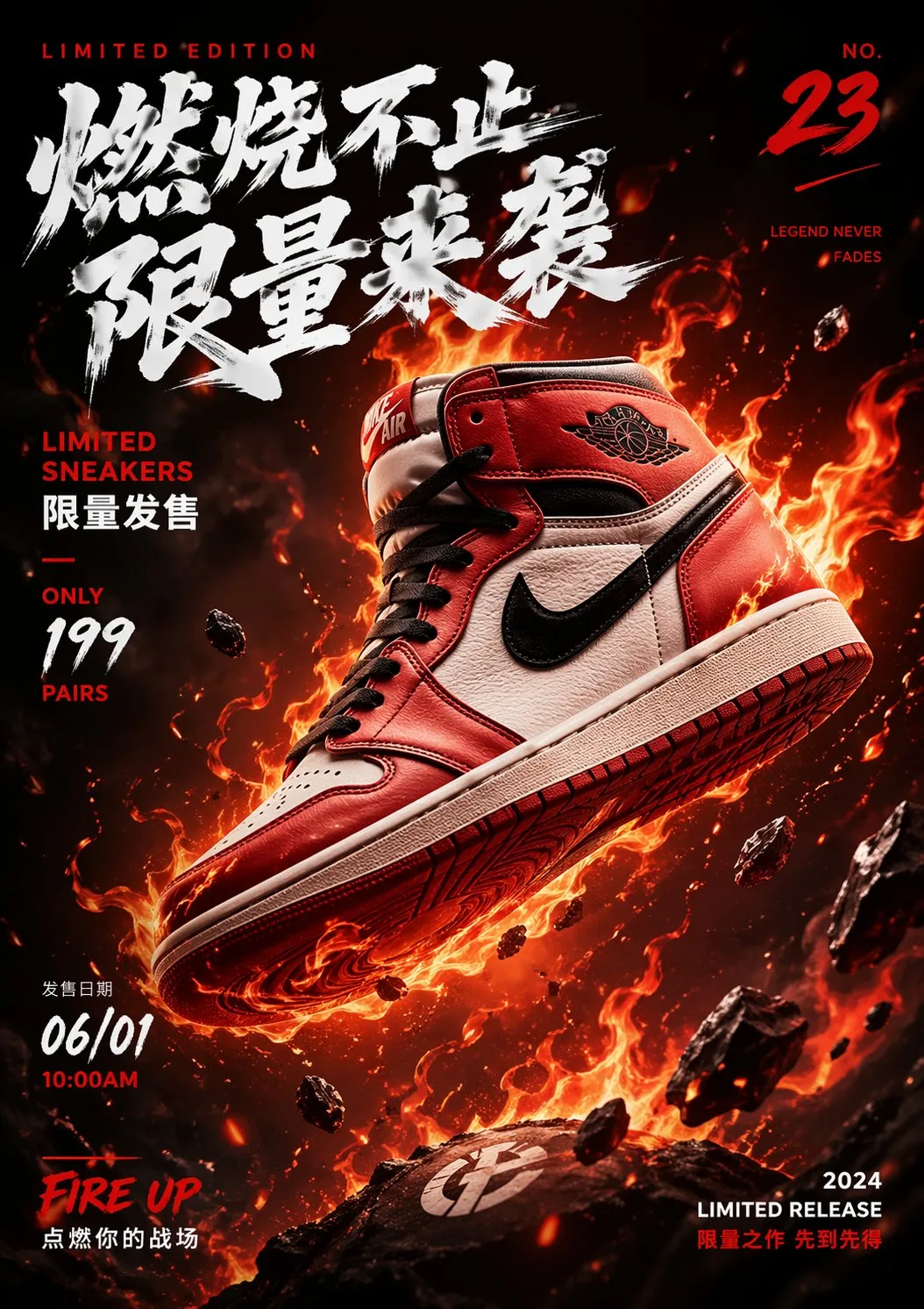 โปสเตอร์รองเท้าผ้าใบลิมิเต็ด บนพื้นหลังเปลวไฟลอยได้ 1