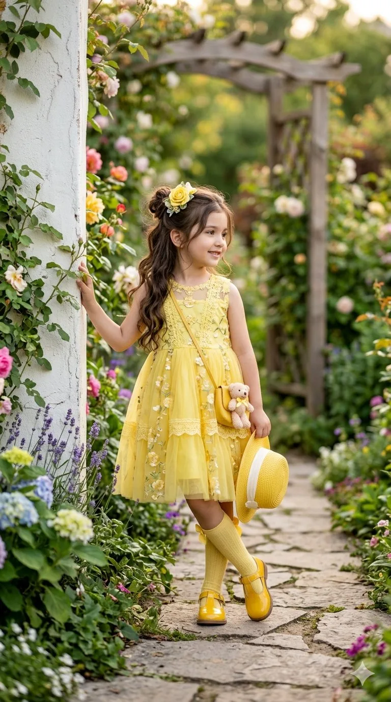 สาวน้อยชุดเหลืองในสวน: ภาพถ่ายเหมือนจริง 1