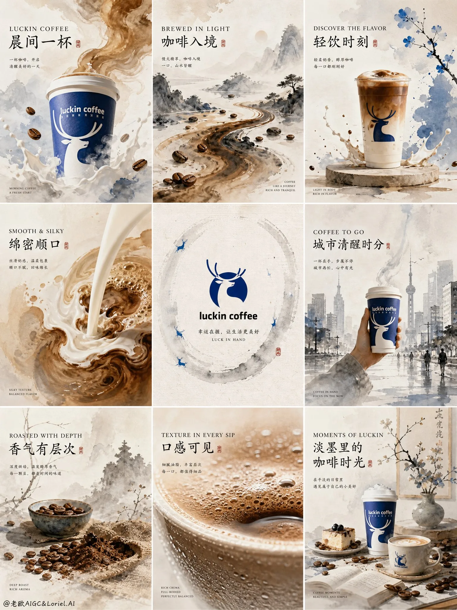 โปสเตอร์กาแฟ Luckin: ภาพวาดจีนหมึกสีอ่อน 9 ช่อง 1