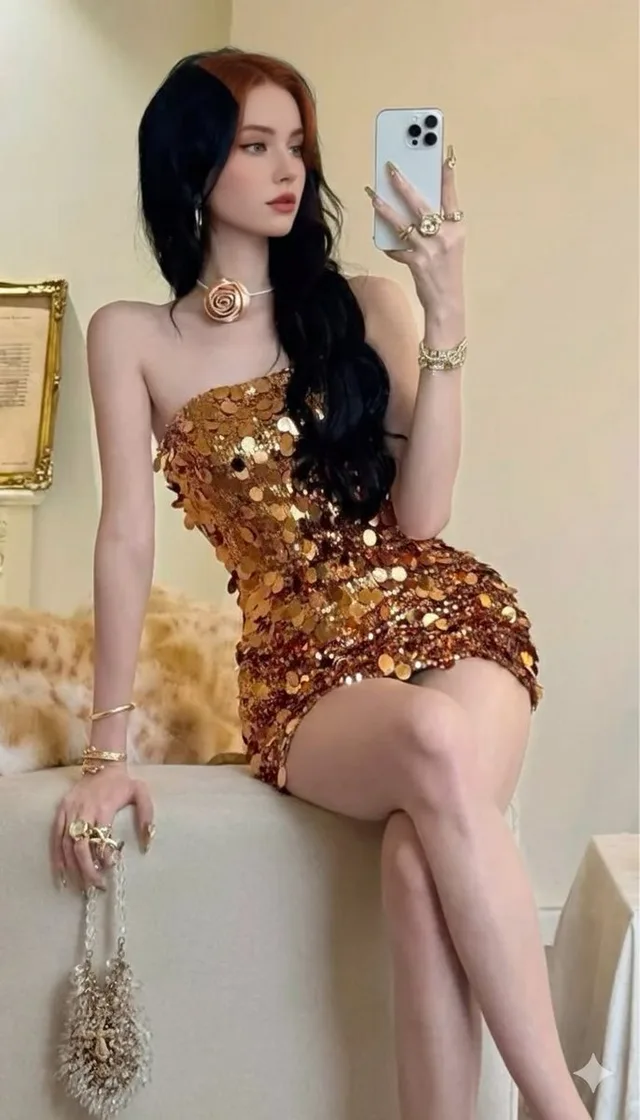 เซลฟี่หน้ากระจกกับชุดเลื่อมโรสโกลด์สุดหรู