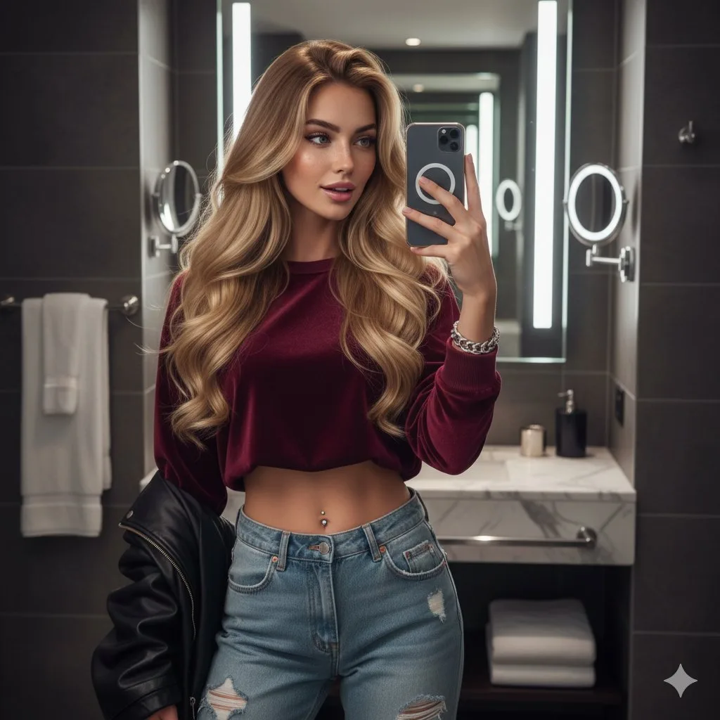เซลฟี่สาวผมบลอนด์ในห้องน้ำหรู สไตล์นิตยสารแฟชั่น 1