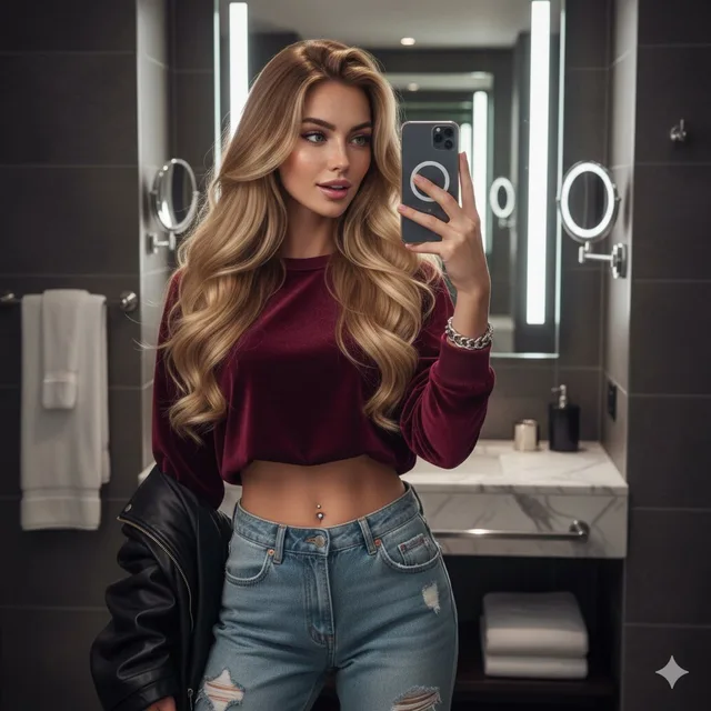 เซลฟี่สาวผมบลอนด์ในห้องน้ำหรู สไตล์นิตยสารแฟชั่น