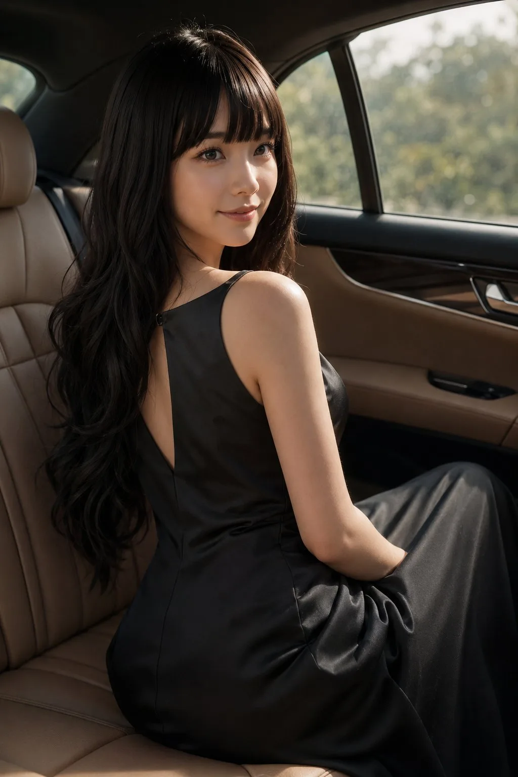 สาวเอเชียชุดดำในรถหรู มองตรงมาที่กล้อง 1