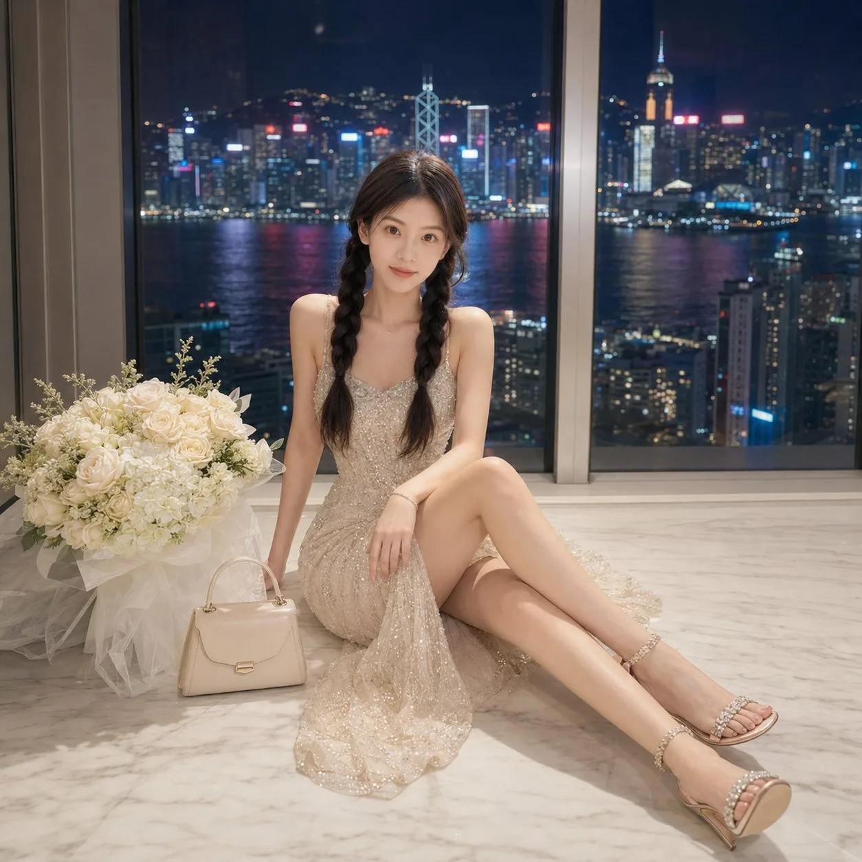 ภาพบุคคลหรูหรา ริมหน้าต่างเมืองยามค่ำคืน 1