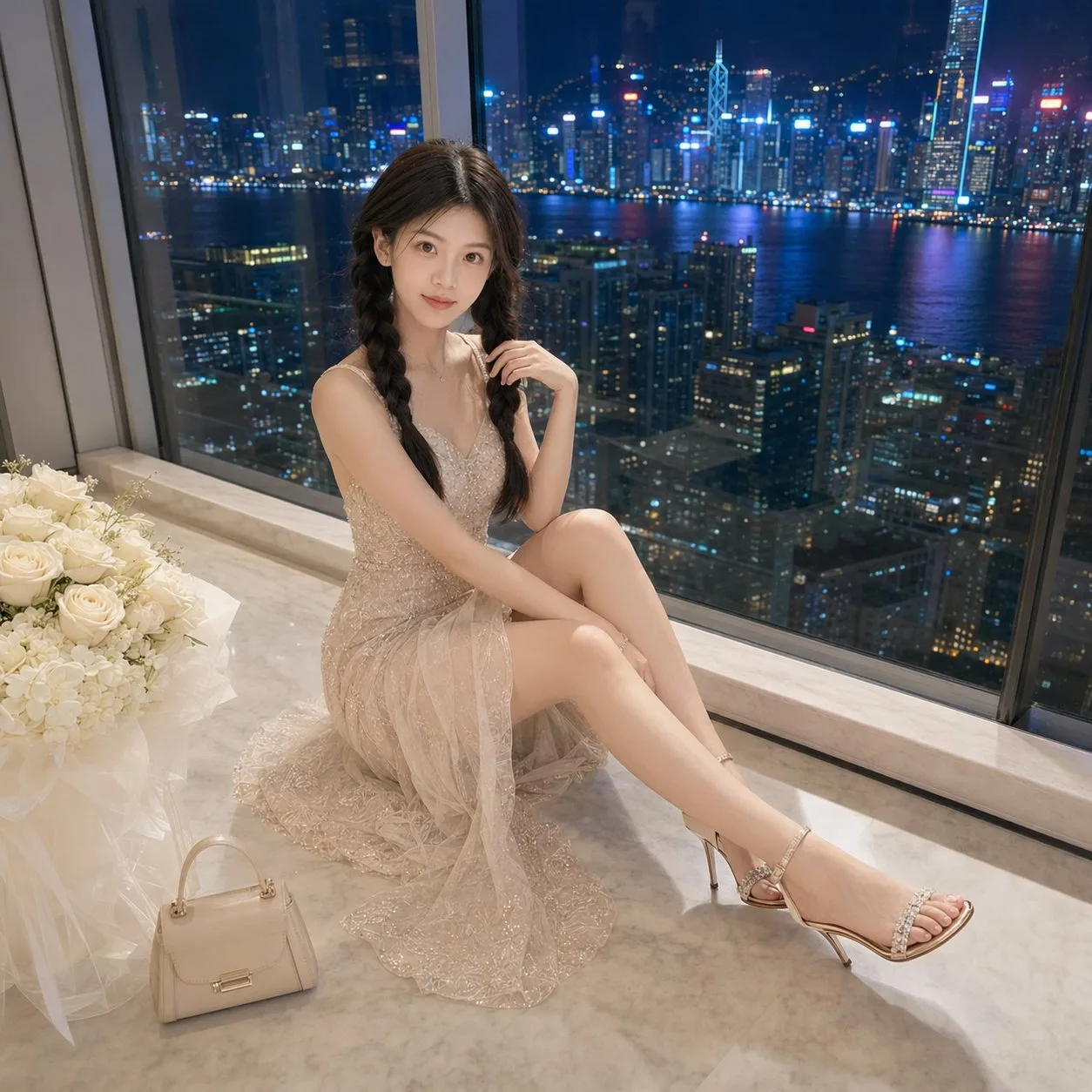 ภาพบุคคลหรูหรา ริมหน้าต่างเมืองยามค่ำคืน 2