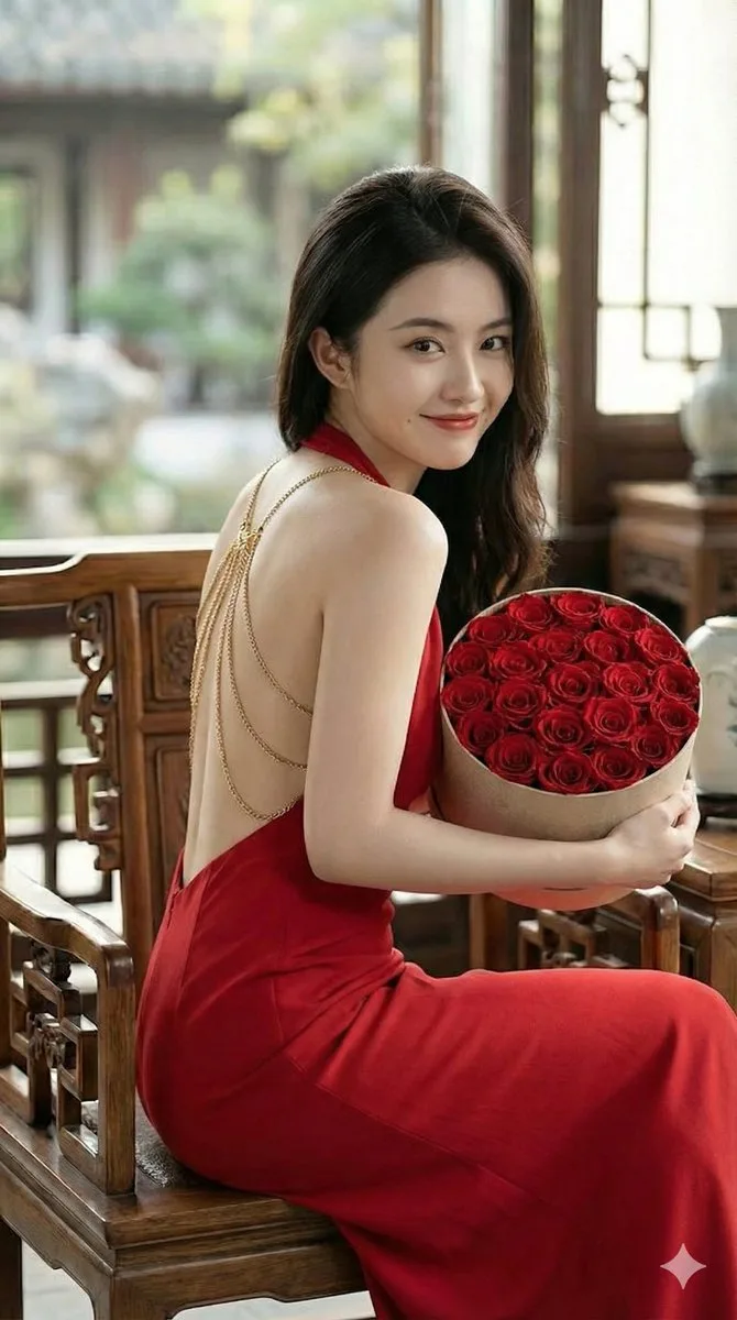 เดรสแดงหรูหรา: หันหลังมองในมวลดอกไม้ 1