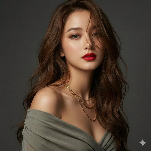 แฟชั่นชั้นสูง: ริมฝีปากแดงฉ่ำกับชุดราตรีสีเทาอมเขียว