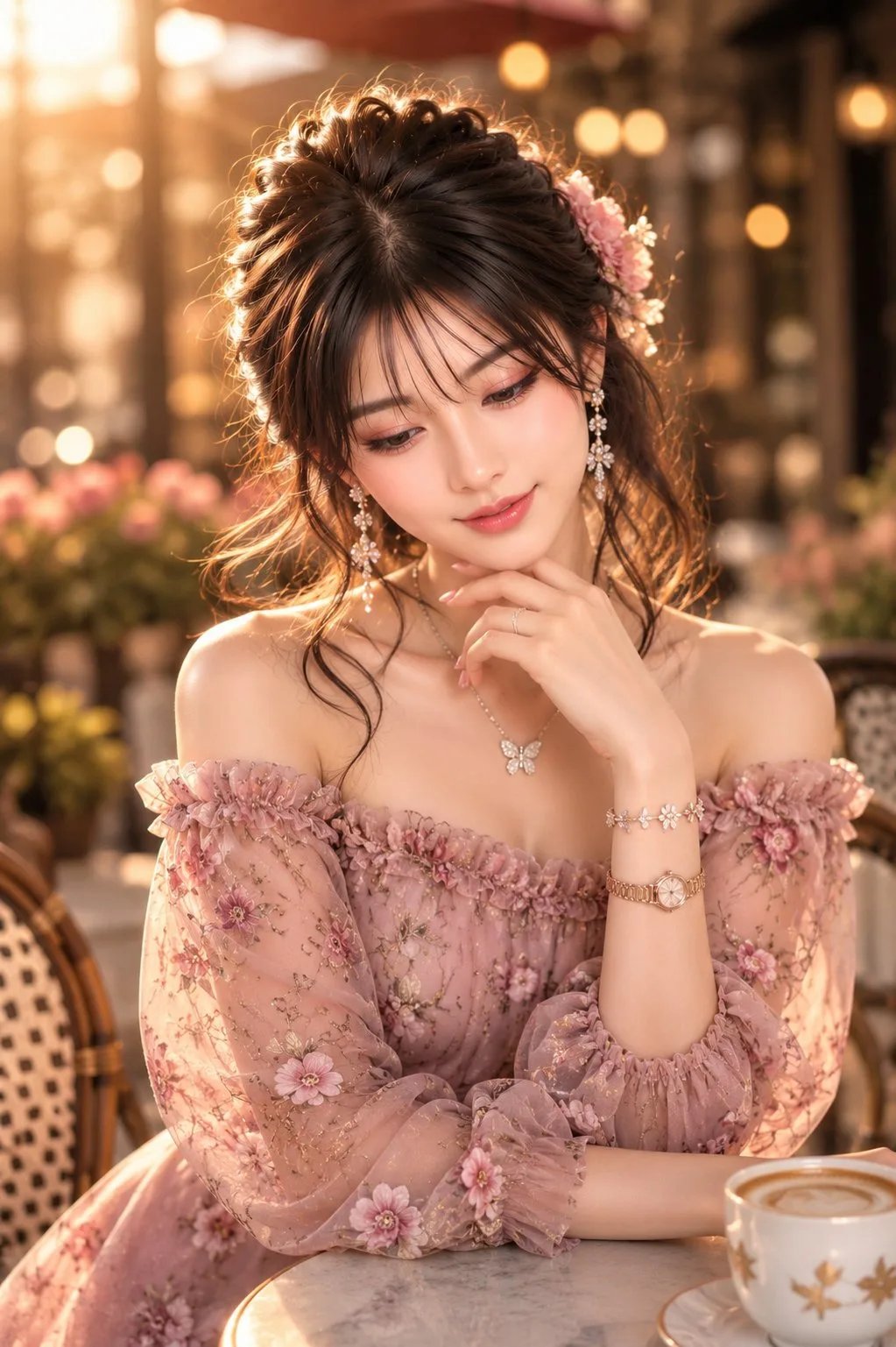 ภาพพอร์เทรตหญิงสาวสุดหรูในคาเฟ่โรแมนติก 1