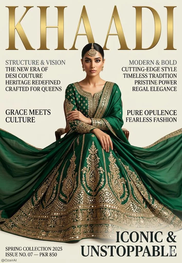 ปกนิตยสารแฟชั่น: ชุดเลเฮนการ์หรูสีเขียวมรกต 1