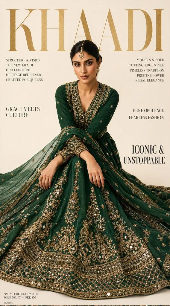 ปกนิตยสารแฟชั่น: ชุดเลเฮนการ์หรูสีเขียวมรกต 2
