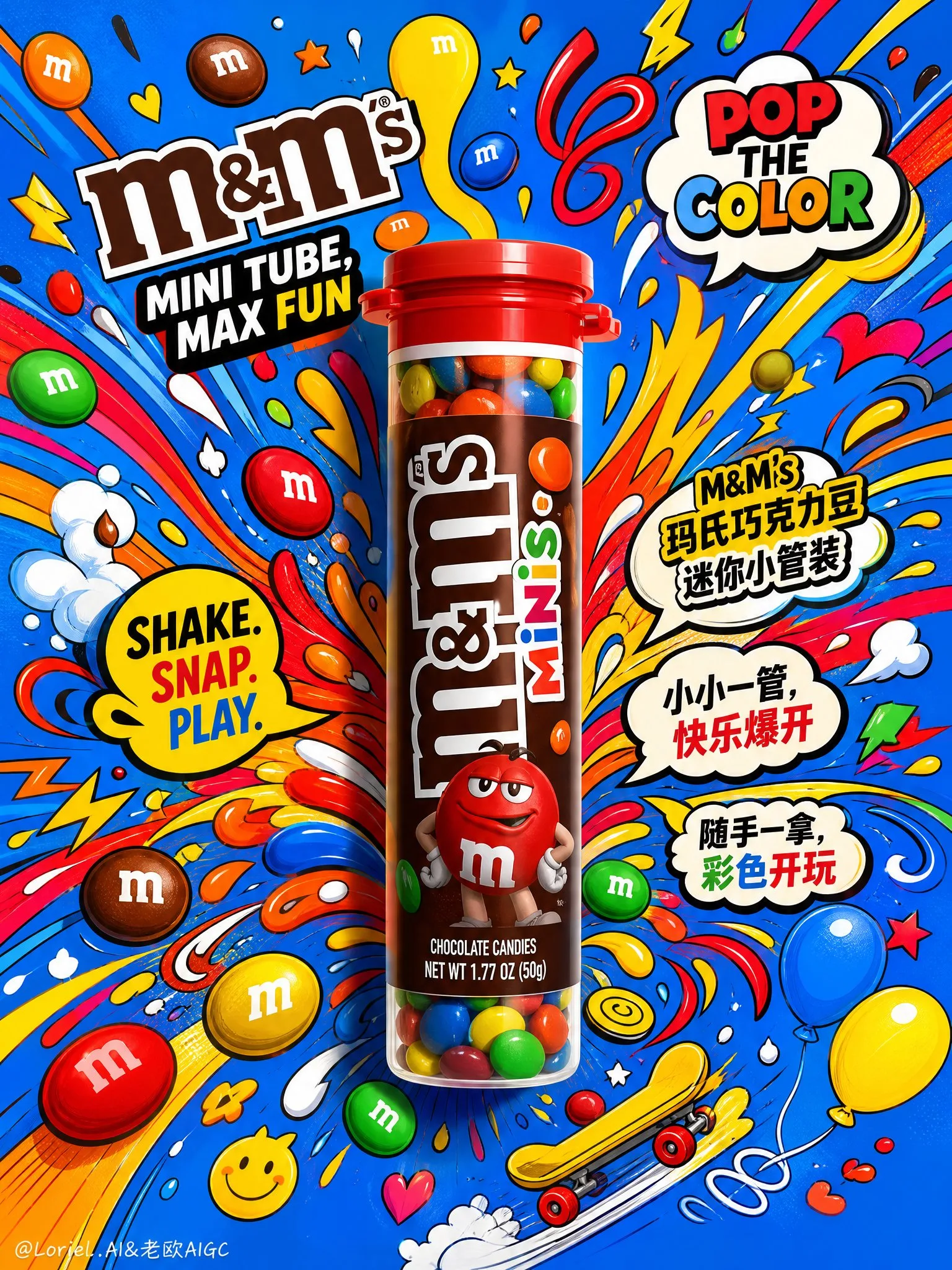โปสเตอร์ M&M's หลอดมินิ: สีสันป๊อปอาร์ต ระเบิดความสนุก! 1