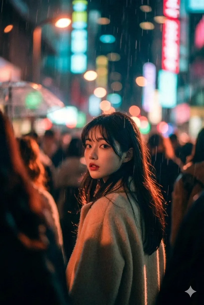 หญิงสาวหันมองในราตรีฝนพรำนีออน 1