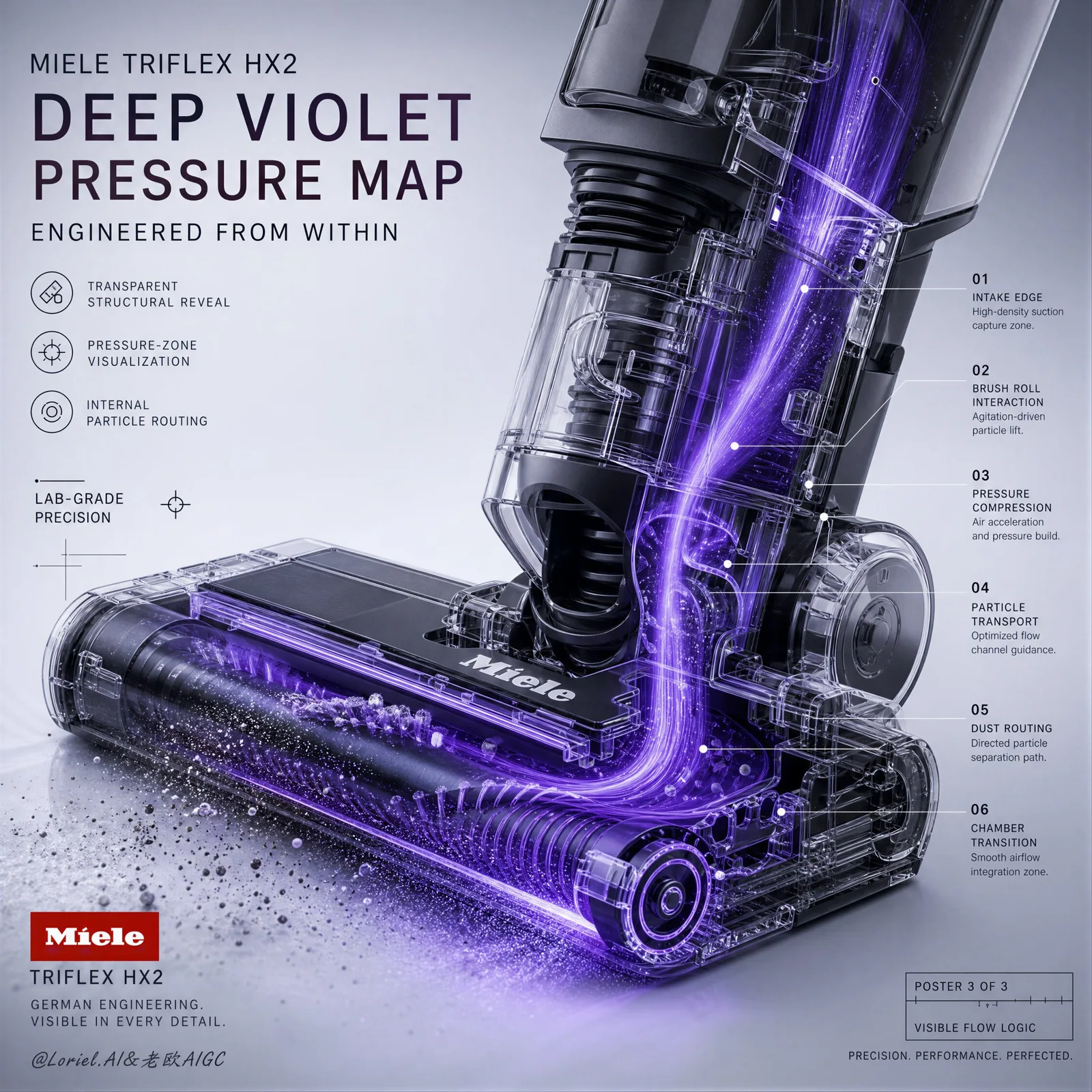 โปสเตอร์ Miele Triflex HX2: โครงสร้างโปร่งใสและแรงดันสีม่วง 1