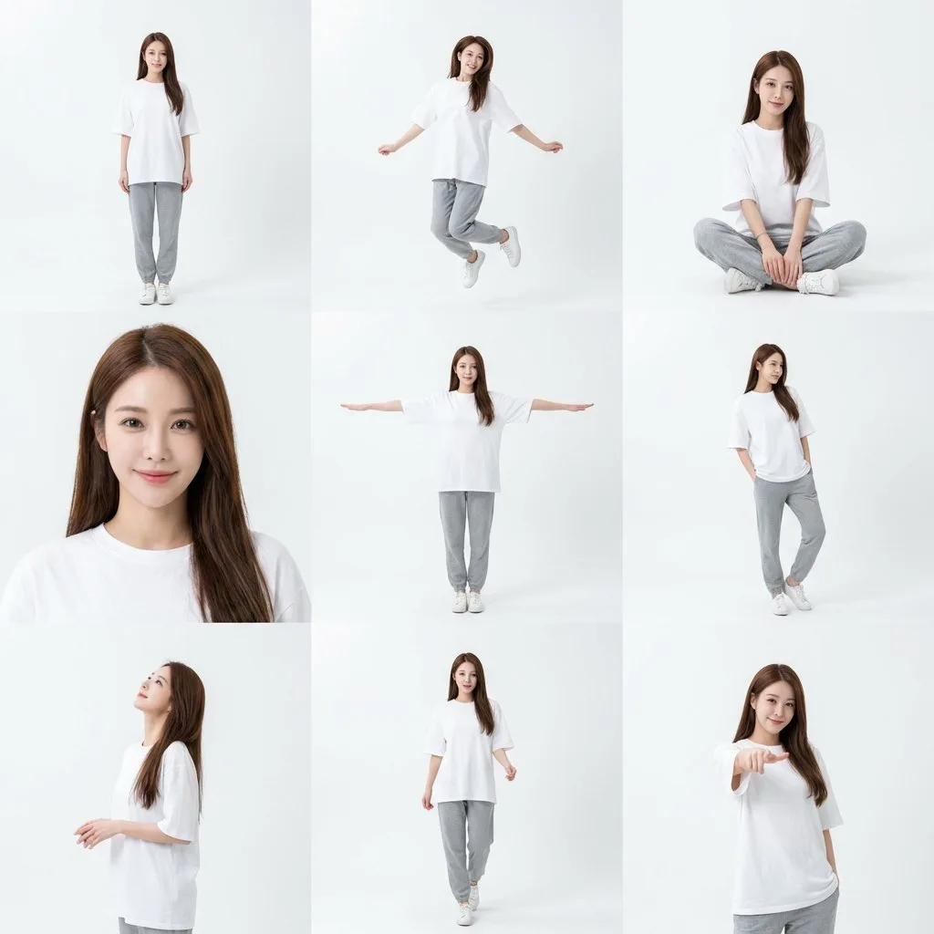 คอลลาจ 9 ช่อง: นางแบบในสตูดิโอขาวสะอาดตา 1