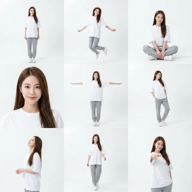 คอลลาจ 9 ช่อง: นางแบบในสตูดิโอขาวสะอาดตา