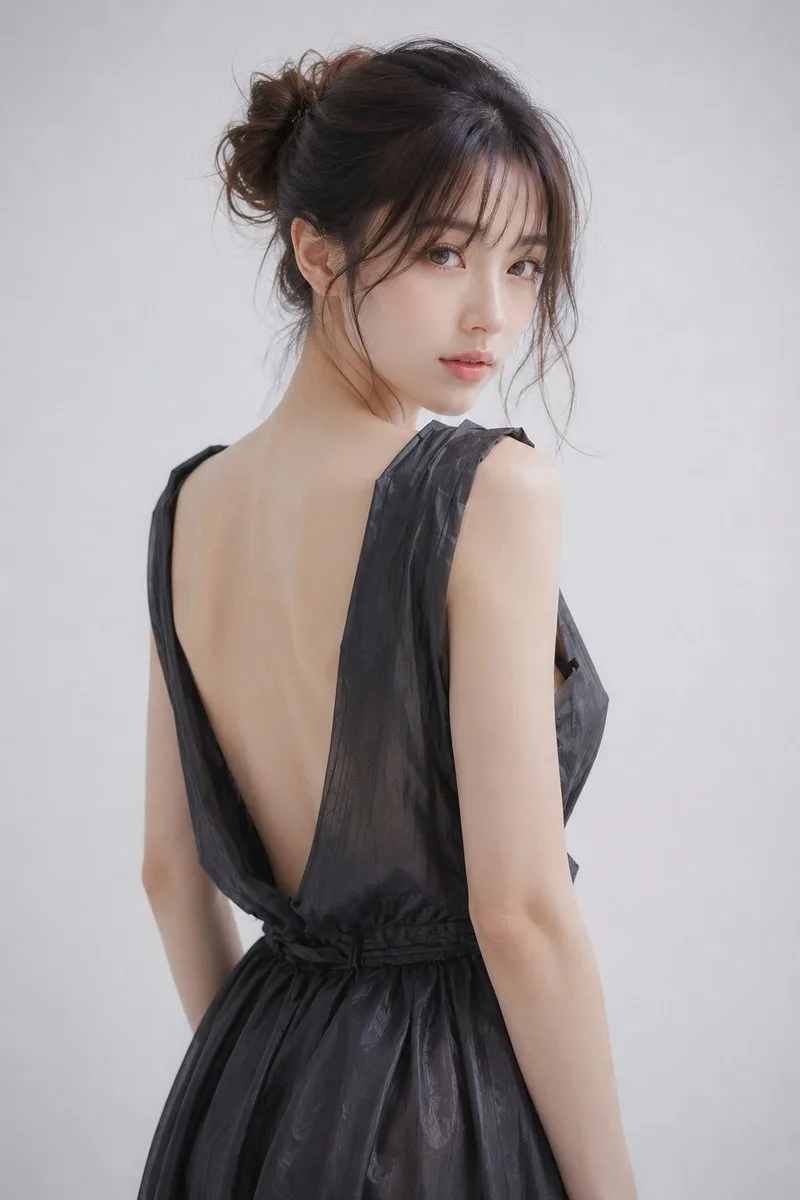 หญิงเอเชียในชุดดำมินิมอล: ภาพบุคคลเงาข้าง 1