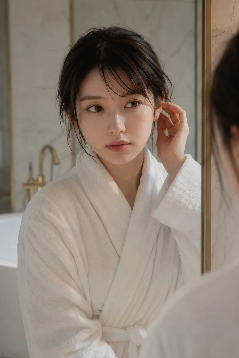 สาวชุดคลุมอาบน้ำในห้องน้ำหรูสไตล์มินิมอล 1