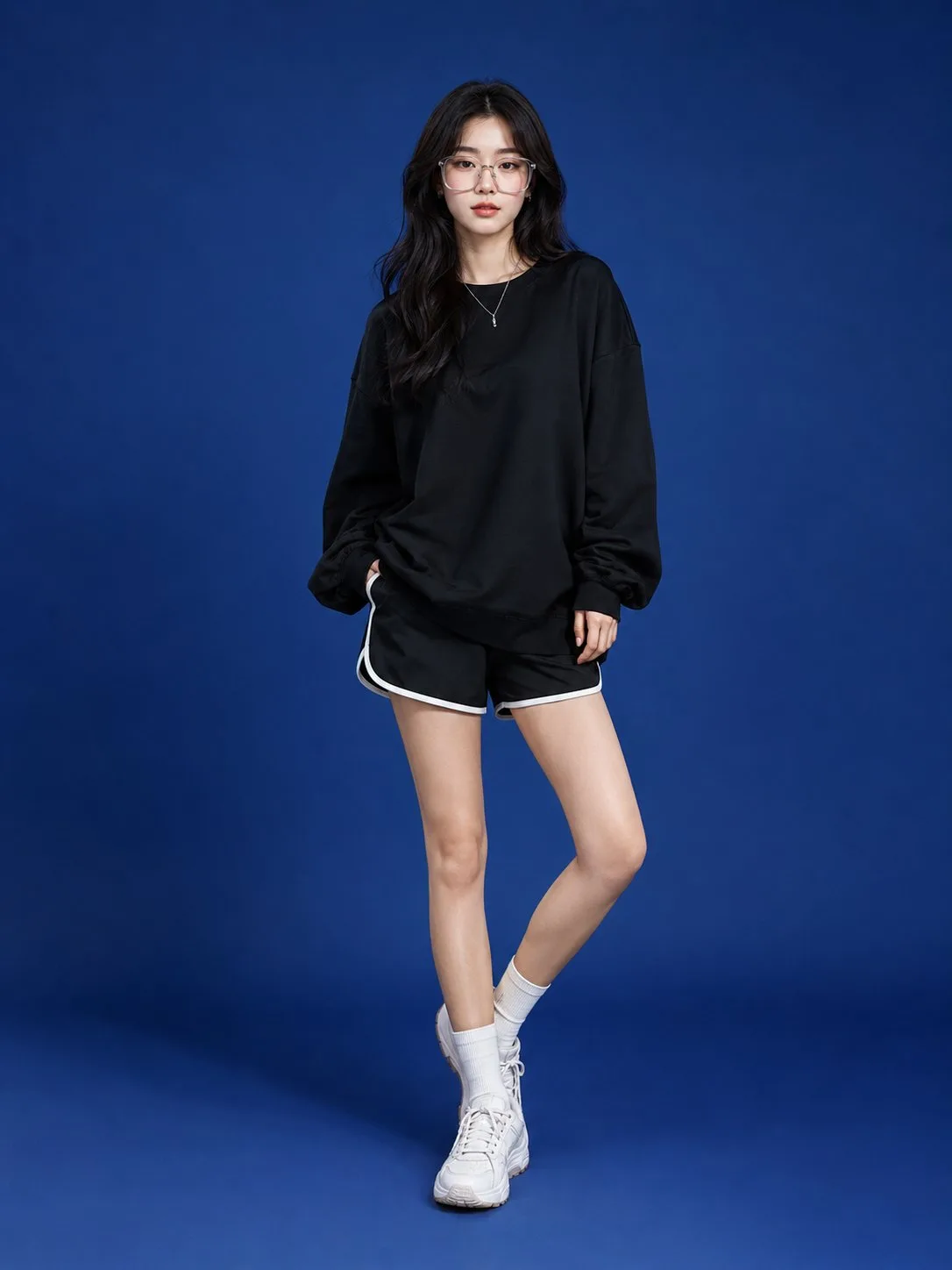 สาวเอเชียสไตล์สตรีทมินิมอล บนฉากหลังสีน้ำเงิน 1