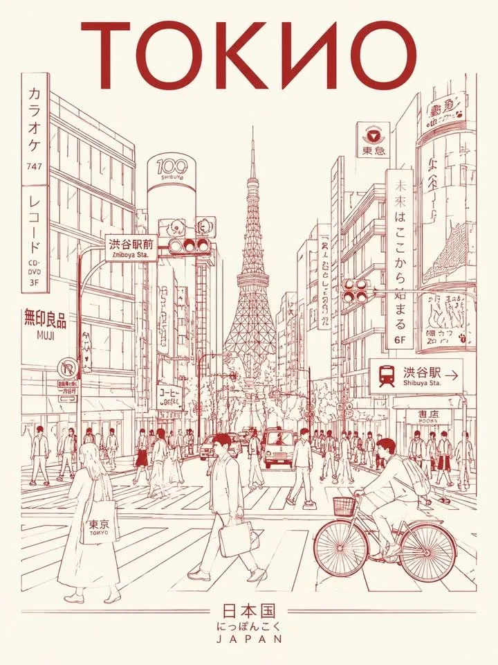 โปสเตอร์ลายเส้นมินิมอล เมืองโตเกียว สไตล์โมโนโครม 2