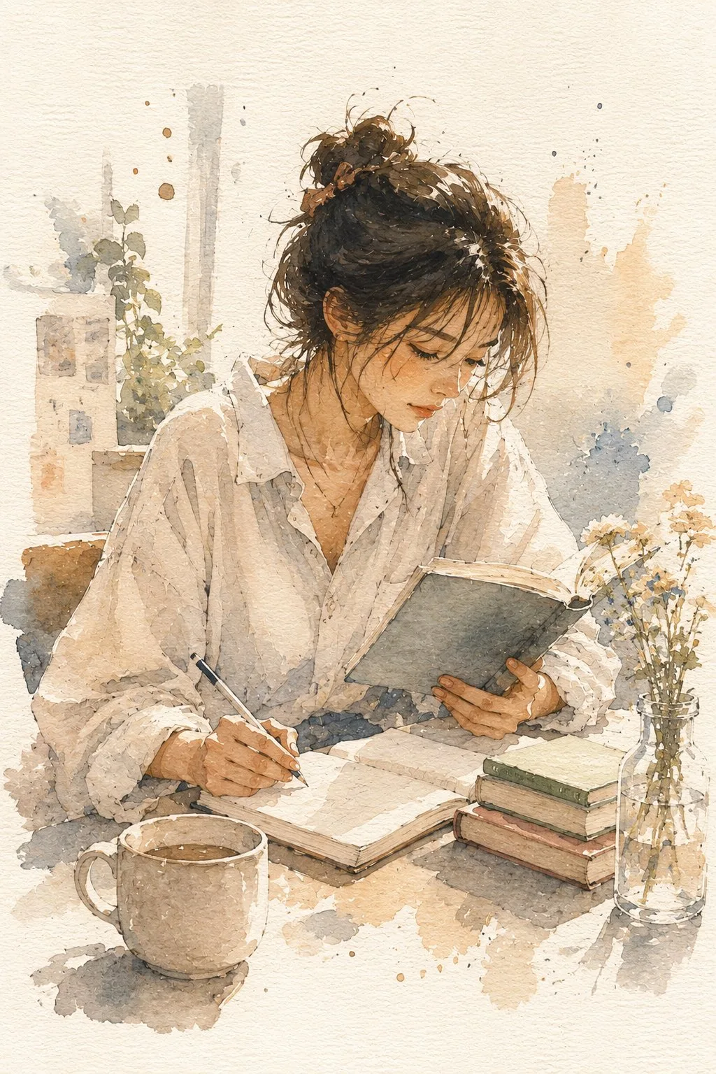 สาวน้อยอ่านหนังสือยามเช้า สไตล์สีน้ำมินิมอล 1