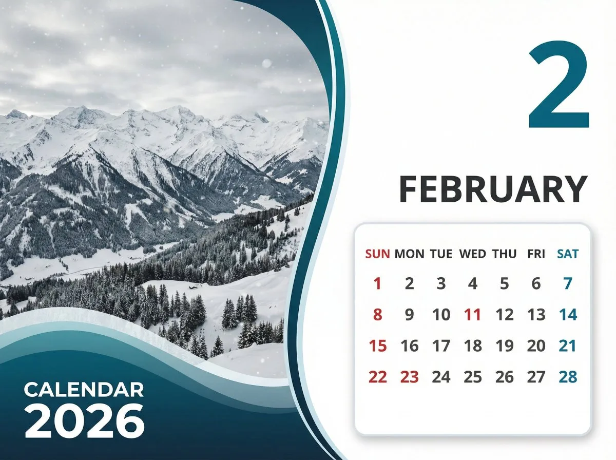 ปฏิทินกุมภาพันธ์ 2026: ภูเขาหิมะมินิมอลโมเดิร์น 1