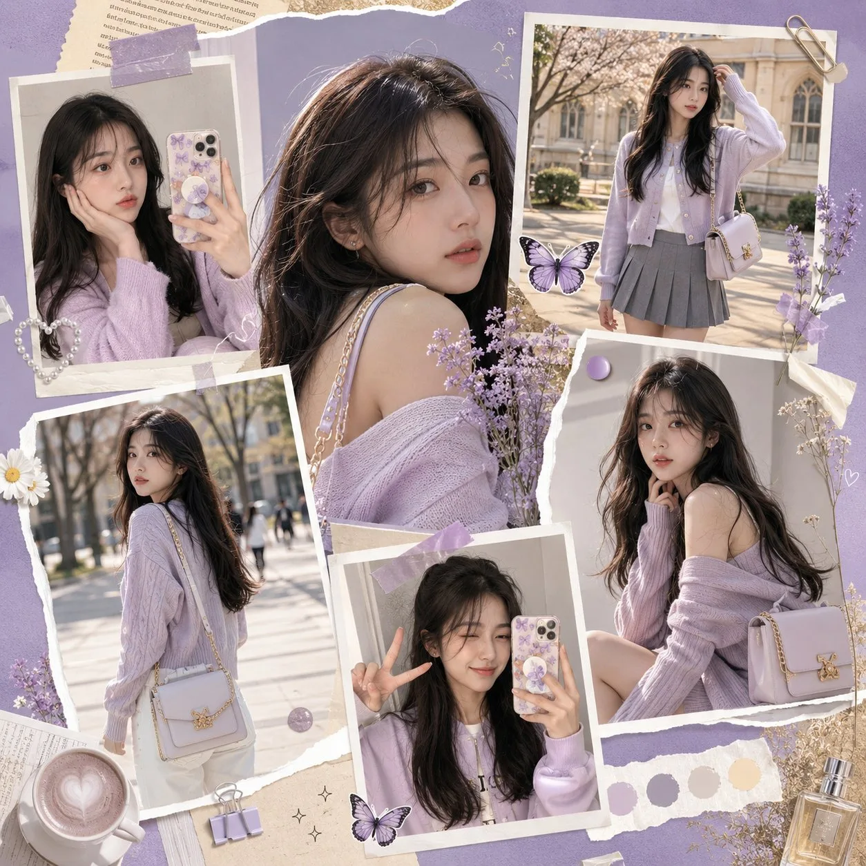 คอลลาจแฟชั่น Gen Z สไตล์เกาหลี โทนม่วงลาเวนเดอร์ 1
