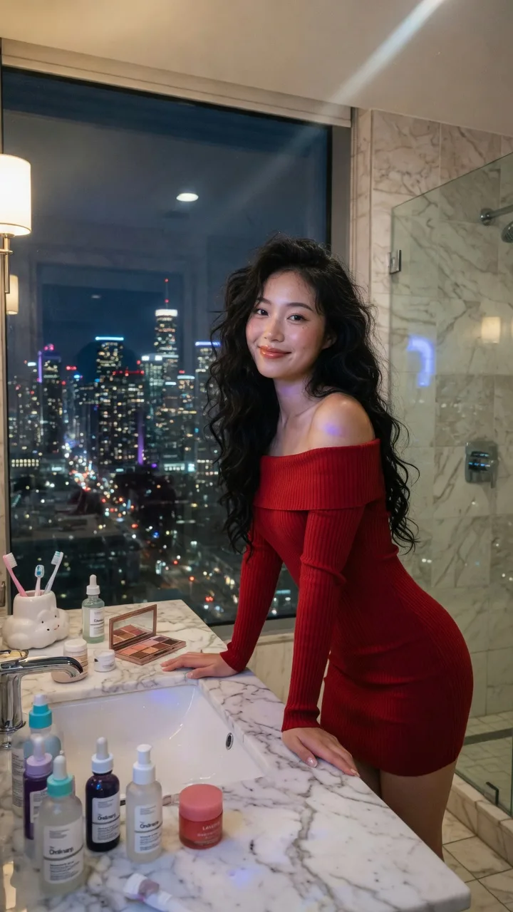 สาวเอเชียในชุดแดงในห้องน้ำหรู วิวเมืองยามค่ำ 1
