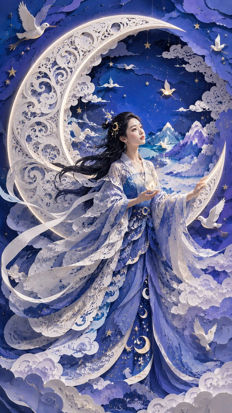 โปสเตอร์ศิลปะเปเปอร์คัตหญิงสาวตะวันออกในความฝันแห่งจันทรา 1