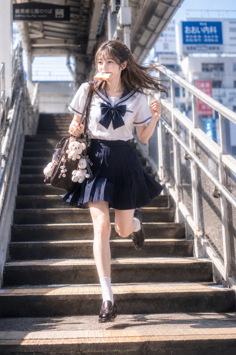 สาวญี่ปุ่นวิ่งลงบันไดพร้อมขนมปังในตอนเช้า 1