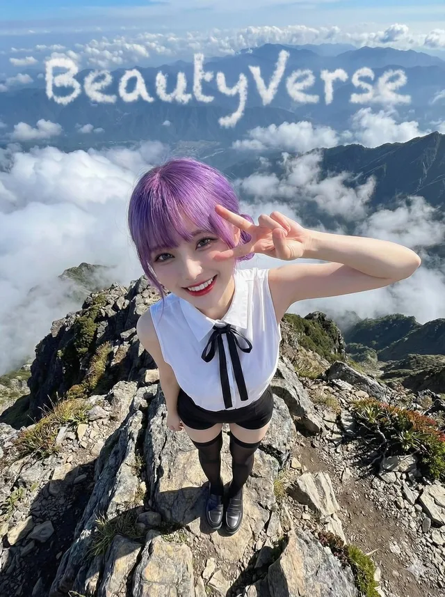 สาวโพสท่าชูสองนิ้วบนยอดเขาพิชิตฟ้า