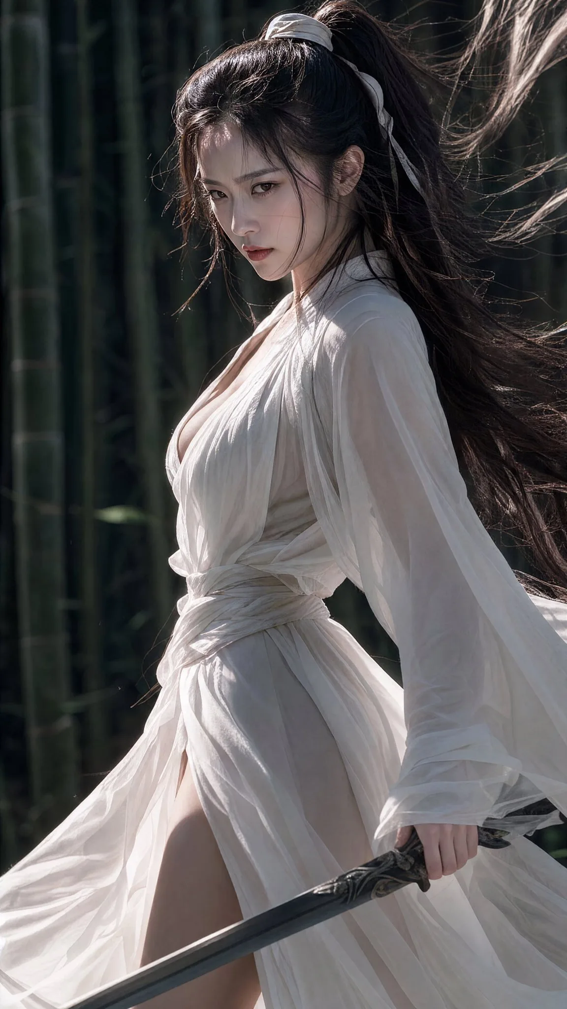 ภาพเสมือนจริง: นางเอกชุดขาวในป่าไผ่ถือดาบ 1