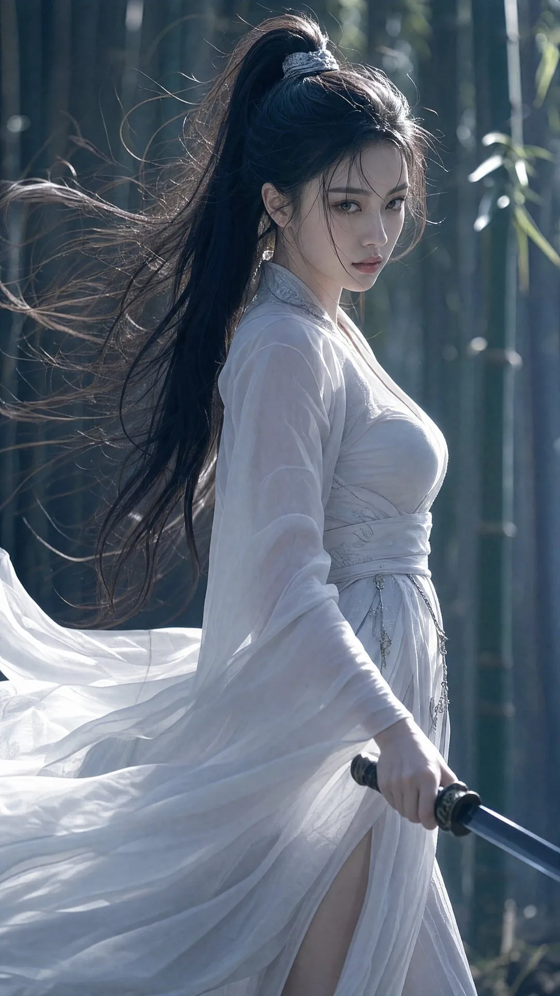 ภาพเสมือนจริง: นางเอกชุดขาวในป่าไผ่ถือดาบ 2