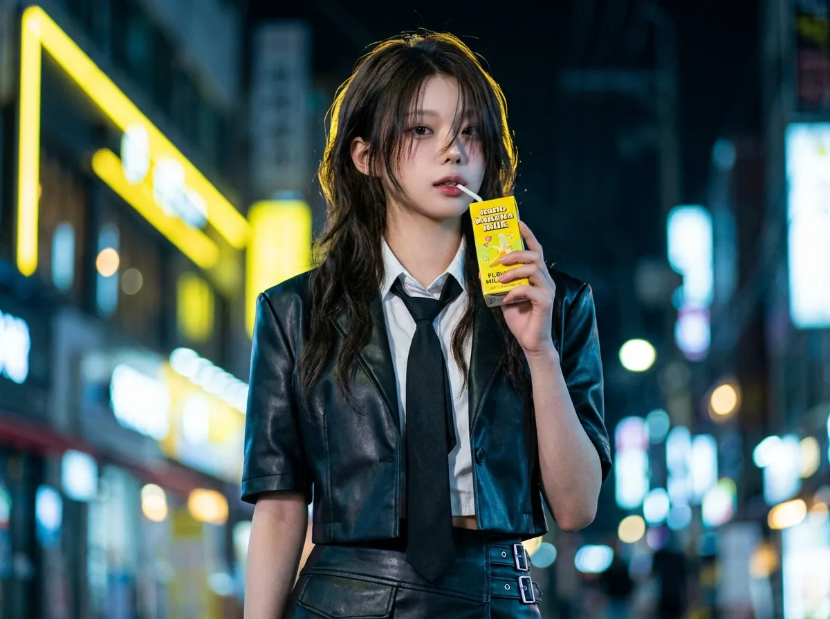 สาวแซ่บ Gen Z ดื่มนมกล้วยในเมืองนีออน 1