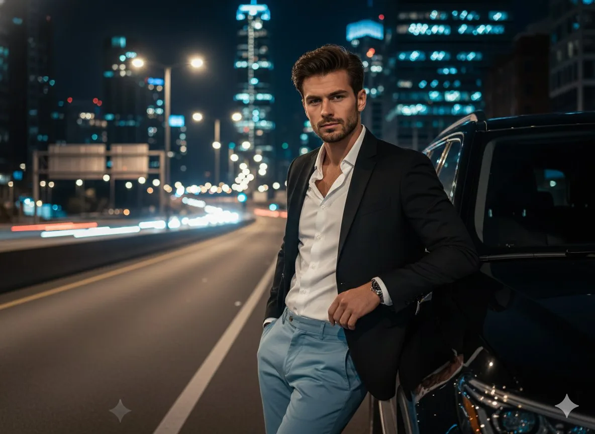 หนุ่มหล่อข้าง SUV หรูยามค่ำคืนในเมืองนีออน 1