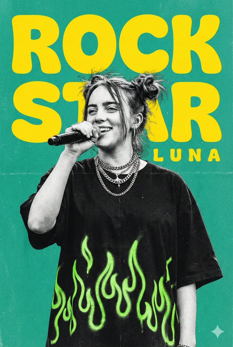 โปสเตอร์ร็อกสตาร์สาวพลังสูง: เขียว Neon สลับ Grayscale 1
