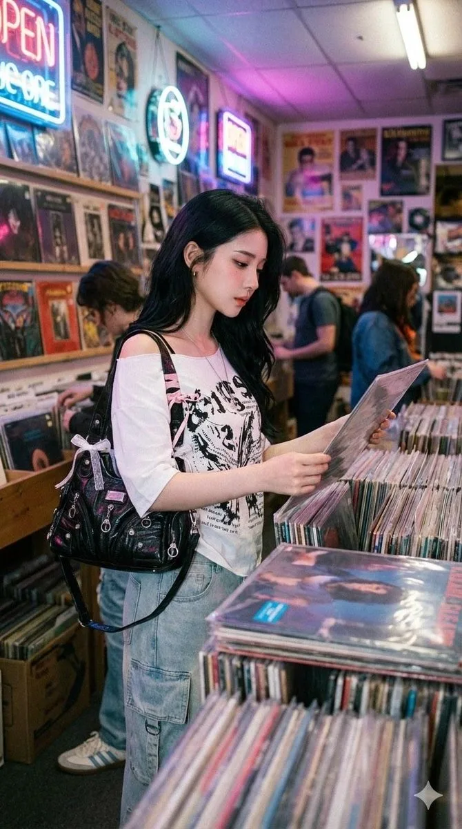 สาวนักสะสมแผ่นเสียงในร้านเรโทรแสงนีออน 1