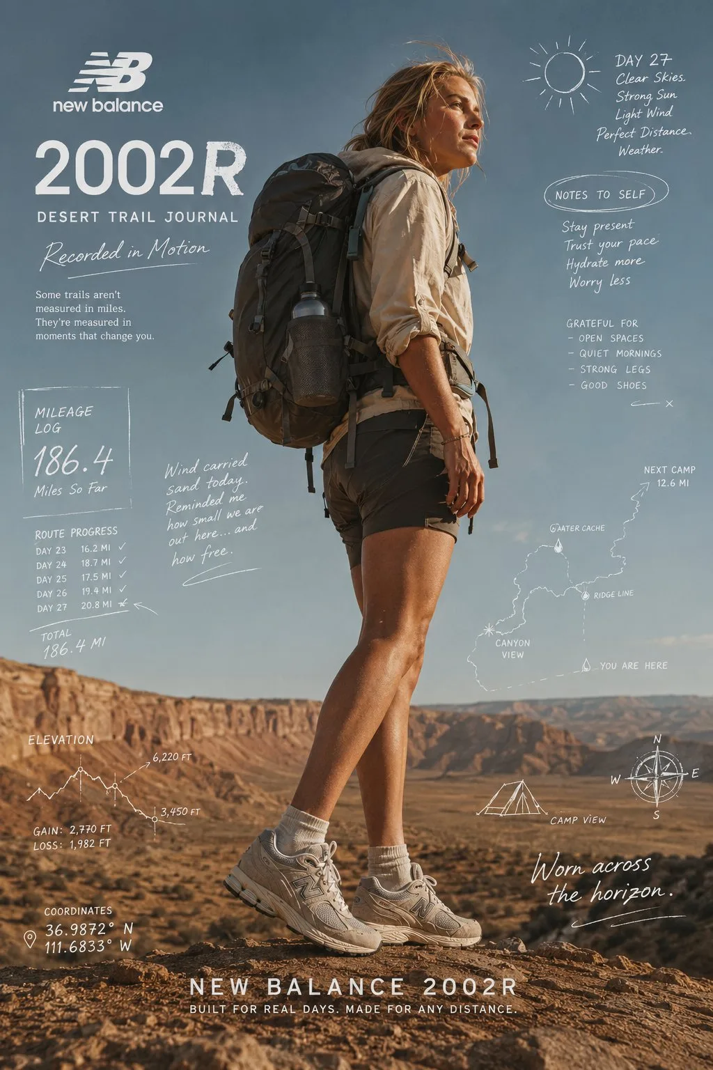 โปสเตอร์แคมเปญ New Balance 2002R สมุดบันทึกเส้นทางทะเลทราย 1